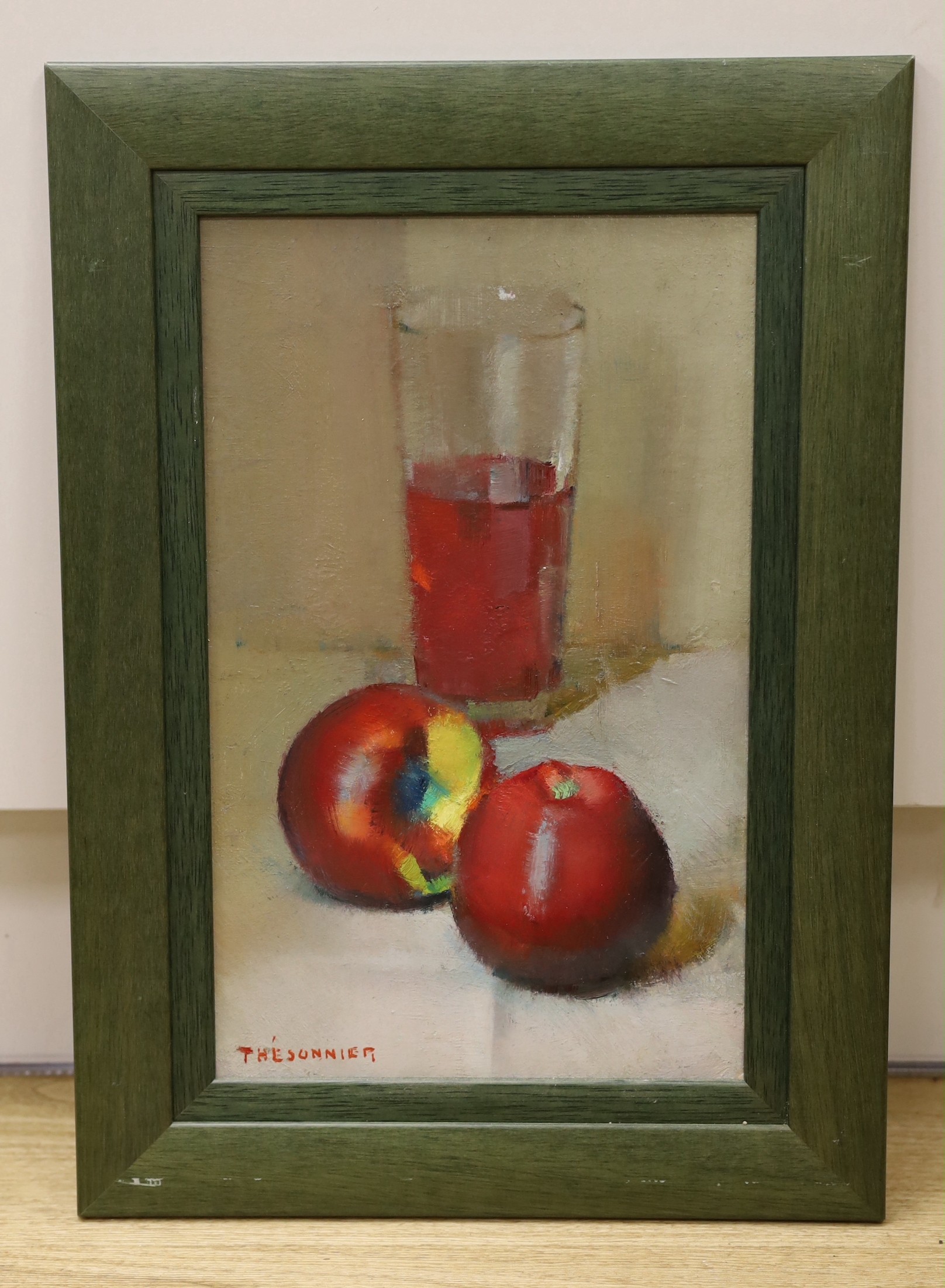 Thésonnier, oil on board, Still life of apples and a glass, signed, 34 x 22cm